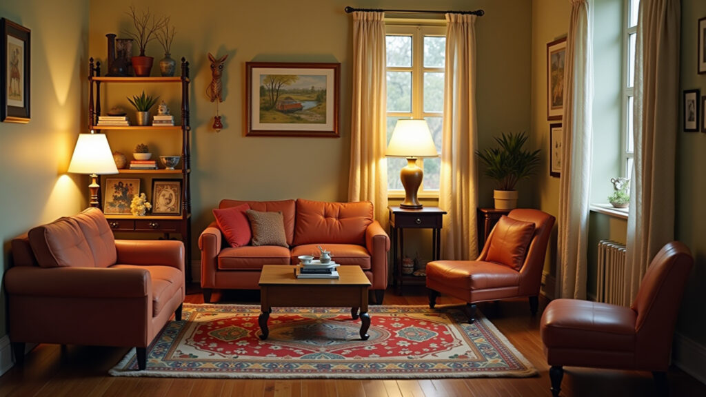 Rack retrô em sala mini com toque vintage.