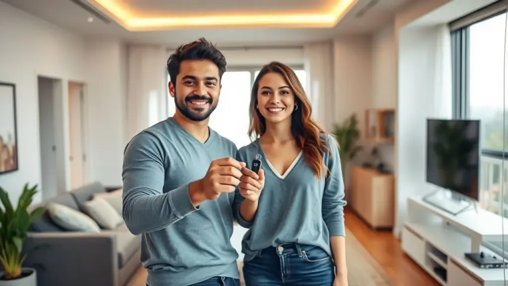 Casal brasileiro sorrindo com chaves, simbolizando a conquista da casa própria.