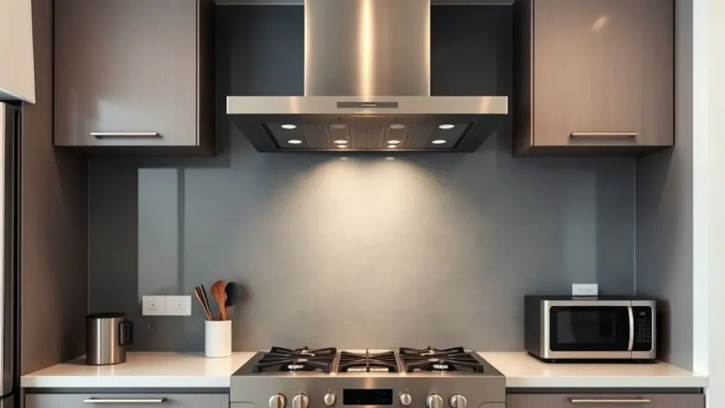 Modern Brazilian kitchen with a powerful exhaust fan above the stove. Professional appliance Cozinha americana com exaustor moderno para eliminar odores e fumaça.