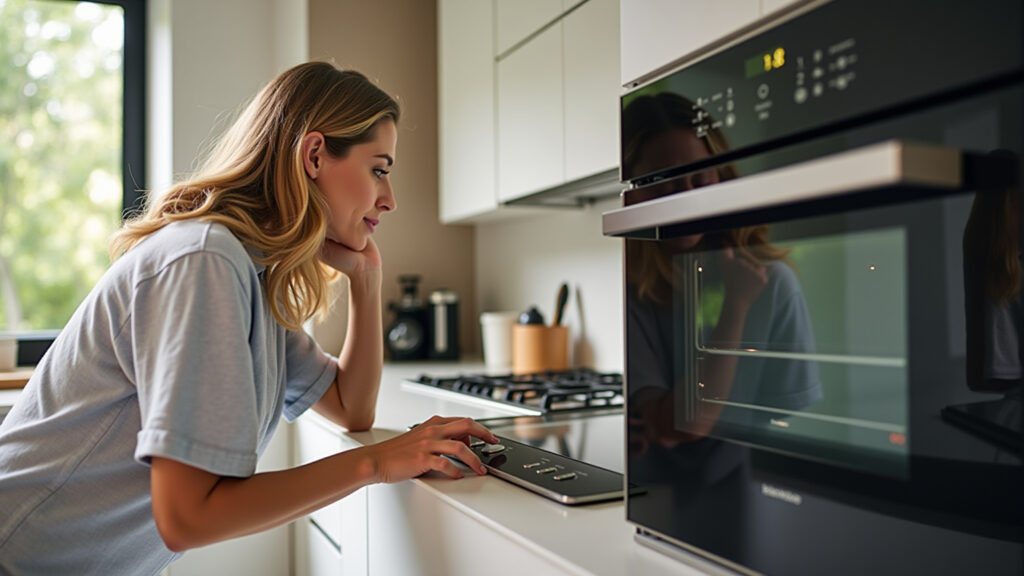 Modern Brazilian kitchen. Woman thoughtfully considers features of a new oven. Natural light, Mulher pensando nas funções do novo forno.