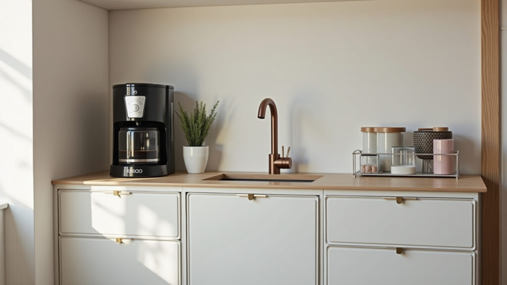 Modern coffee corner, neutral colors, acrylic organizers, clean design coffee maker, small plant, Cantinho do café moderno com cores neutras e organizadores de acrílico.