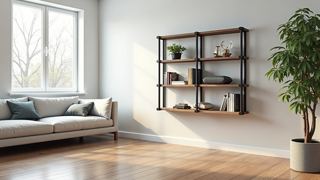 Sala pequena com rack suspenso moderno e minimalista.