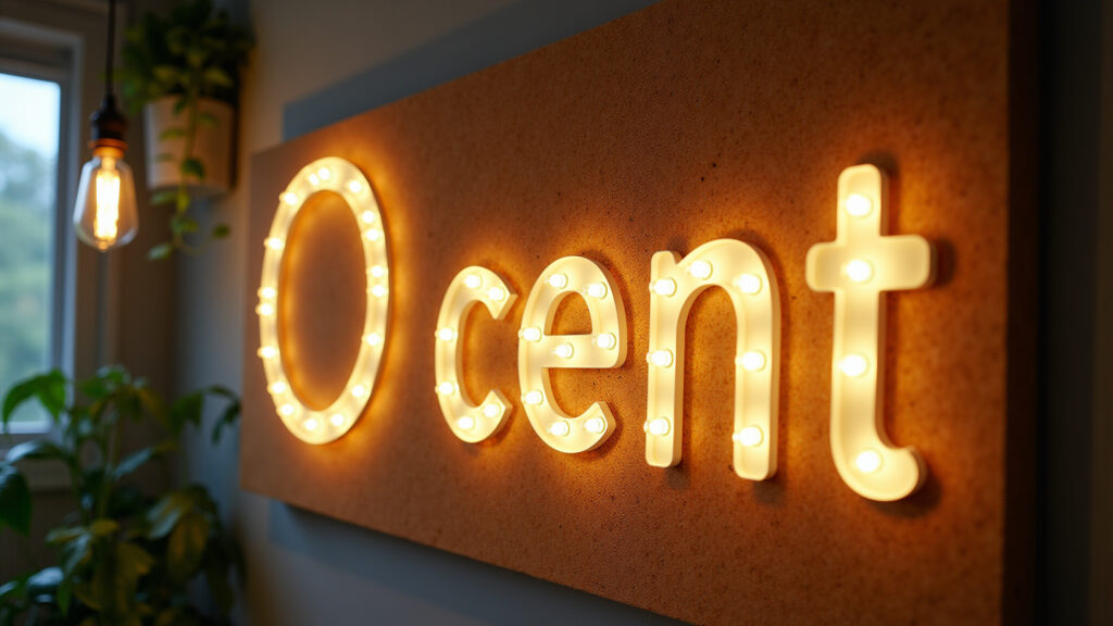 Modern luminous sign DIY with string lights on cork board, Brazilian art, cozy ambiance, Letreiro luminoso DIY moderno com cordão de luz em quadro de cortiça.