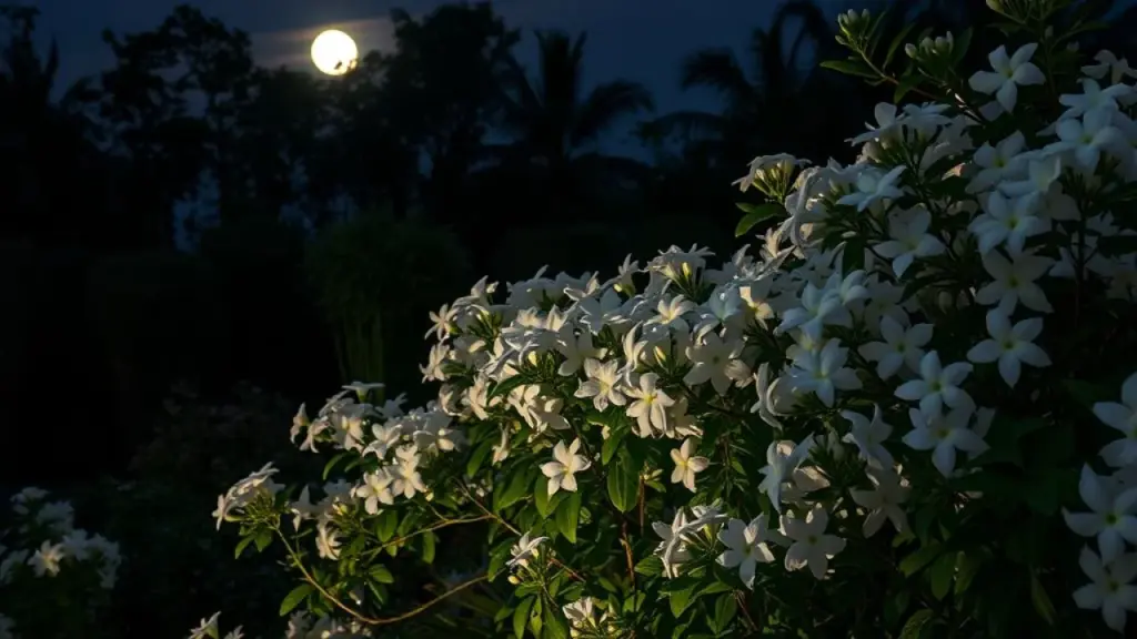 Jardim noturno com jasmim e folhagem prateada sob a luz da lua. Plantas ideais para um jardim noturno.