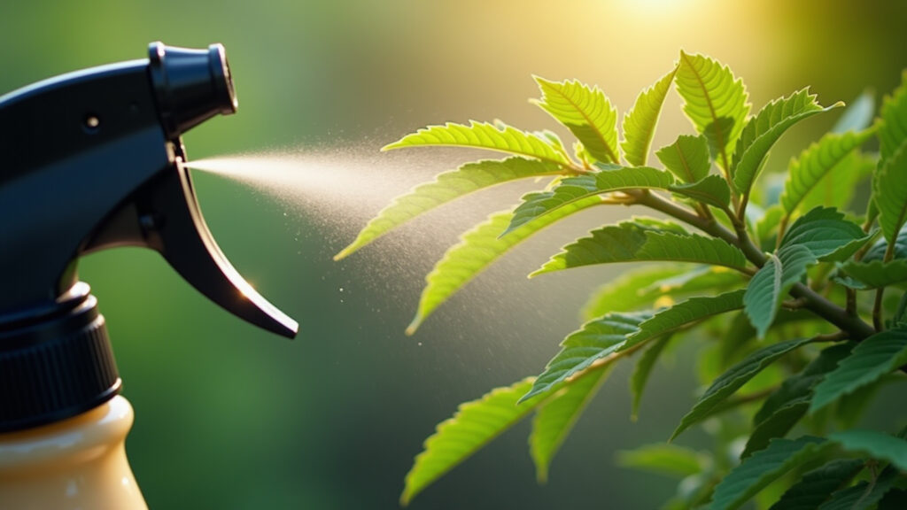 Óleo de neem sendo aplicado em folhas de planta.