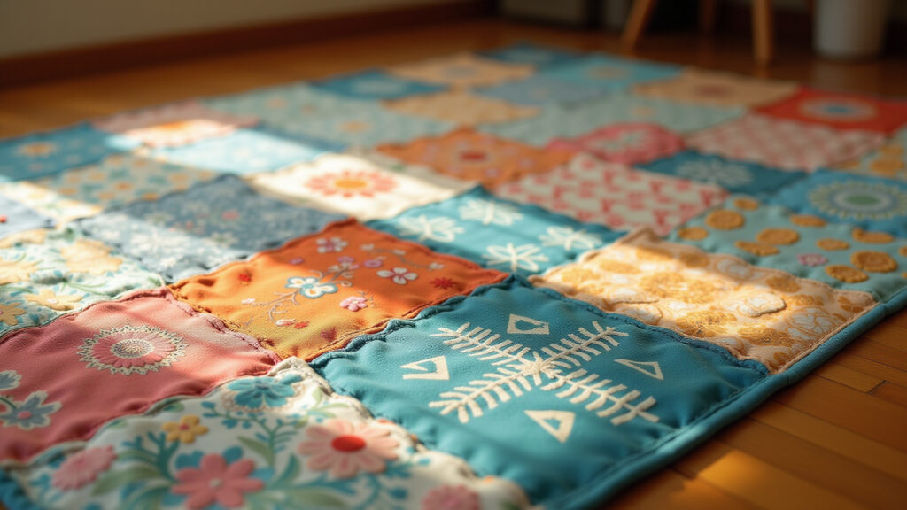 No-sew patchwork rug. Easy craft, natural light, Farm Rio style, fabric glue, professional Tapete de retalhos sem costura, para quem não tem máquina.