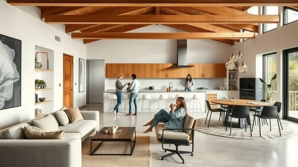 Open concept Brazilian kitchen seamlessly integrated with living room. Wide shot, professional Cozinha americana integrada à sala de estar com família interagindo. Design moderno e acolhedor.