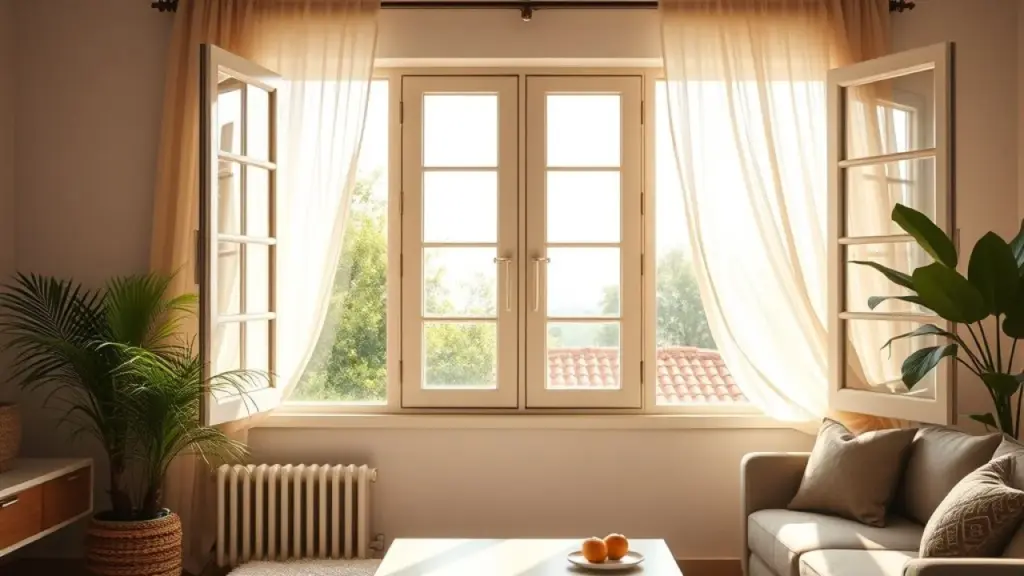 Open windows in a brightly lit Brazilian home, fresh air circulating, sheer curtains blowing Fresh air ventilating a Brazilian home with open windows.