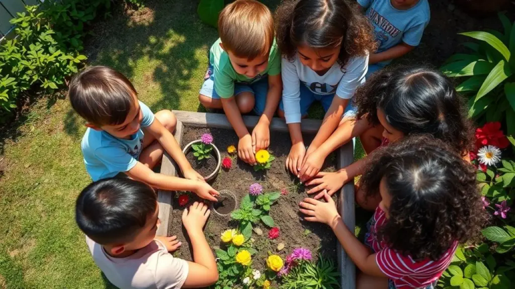 Crianças brasileiras plantando flores coloridas em um jardim ensolarado.