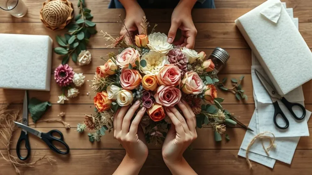 Mãos montando arranjo de flores secas com ferramentas e materiais.