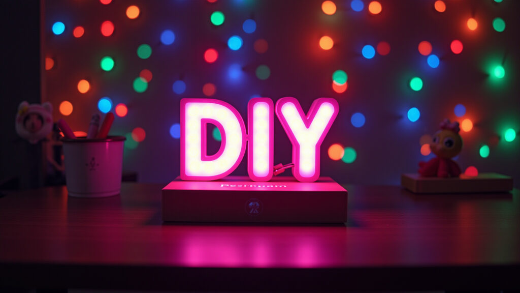 Party luminous sign DIY, colorful lights, festive decorations, Brazilian celebration, professional Letreiro luminoso DIY para festa com luzes coloridas e decorações.