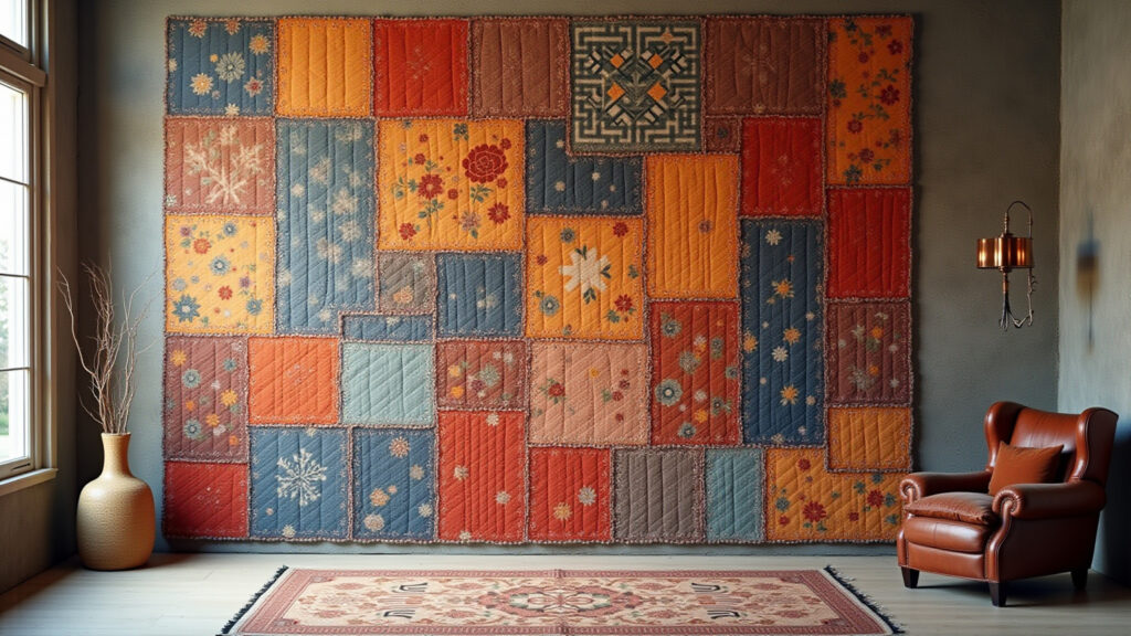 Patchwork art rug. Unique design, natural light, Farm Rio style, fabric art, professional Tapete de retalhos patchwork, uma arte em tecido.