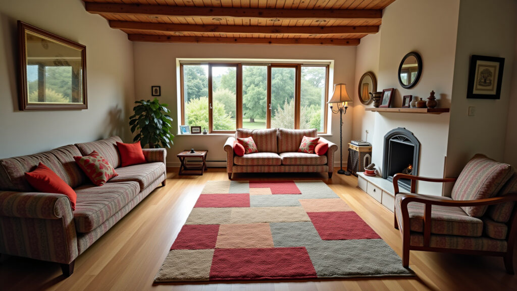 Patchwork rug living room. Central piece, harmonious colors, natural light, Farm Rio style, Tapete de retalhos na sala de estar, peça central da decoração.