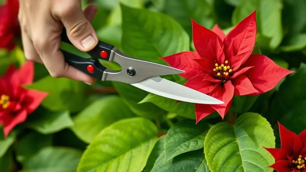 Poinsettia being pruned with gardening shears by a person's hand, close-up shot, professional Poda de bico-de-papagaio com tesoura de jardinagem, incentivando o crescimento.