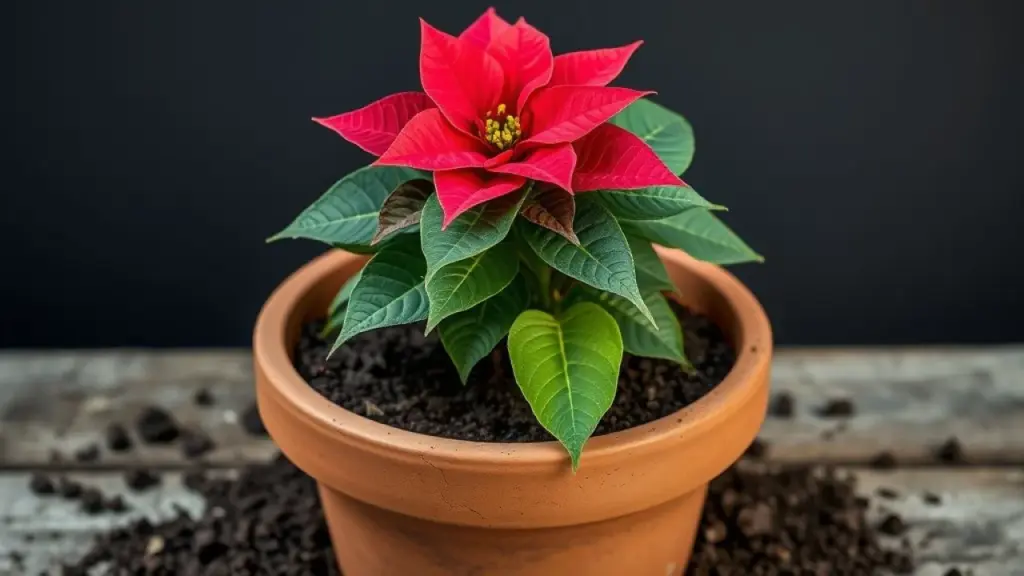 Poinsettia in a new, larger pot with fresh soil, representing the transplanting process, Bico-de-papagaio transplantado para vaso maior com terra nova e rica.
