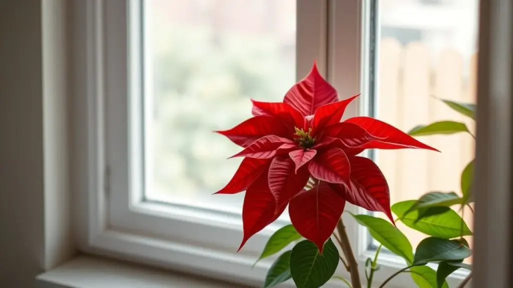 Poinsettia with fading red leaves on a windowsill in a Brazilian home, soft natural light, slightly Bico-de-papagaio murcho em janela, simbolizando a perda de vitalidade após o Natal.