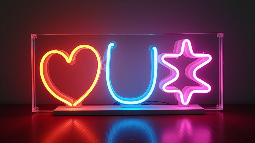 Professional luminous sign DIY with neon flex, acrylic base, vibrant colors, commercial Letreiro luminoso DIY profissional com neon flex e base de acrílico.