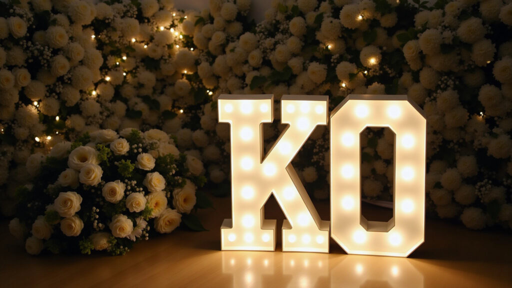 Romantic wedding luminous sign DIY, soft lights, floral decorations, Brazilian wedding, Letreiro luminoso DIY romântico para casamento com flores e luzes suaves.