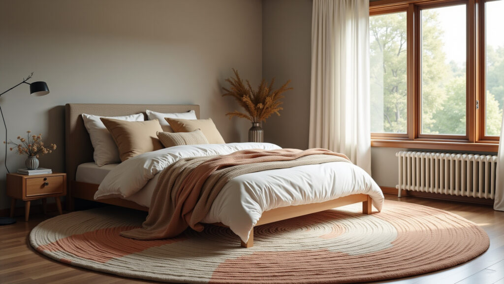 Round patchwork rug bedroom. Soft fabrics, natural light, Farm Rio style, cozy, professional Tapete redondo de retalhos no quarto, aconchegante e colorido.