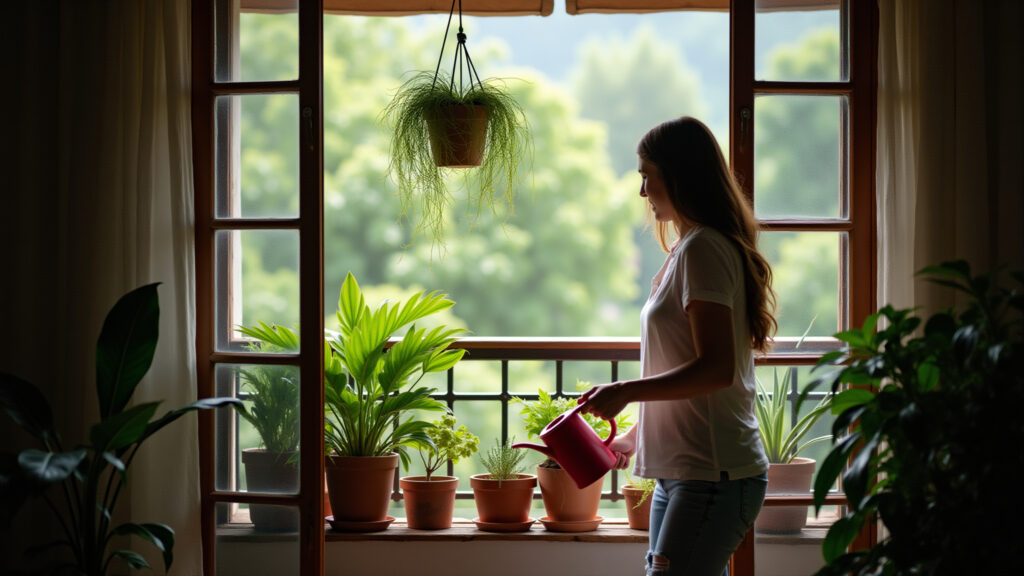 Rustic balcony, rhipsalis hanging, natural light, Brazilian home, lifestyle photography, 8K Varanda rústica com barba-de-Moisés pendente e charme.