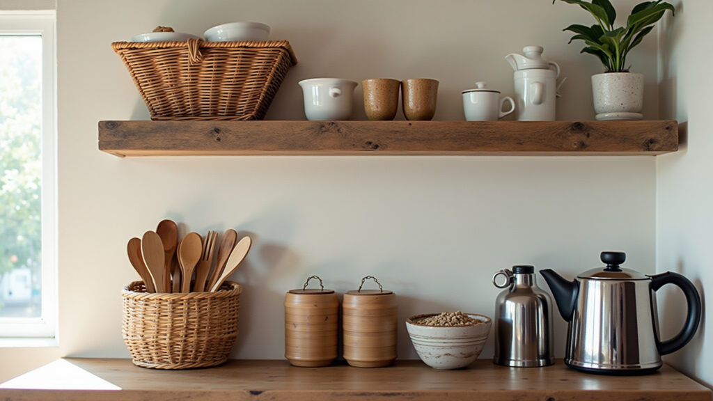 Rustic coffee corner, reclaimed wood shelves, wicker baskets, ceramic mugs, bamboo utensils, Cantinho do café rústico com madeira, cestos de vime e canecas de cerâmica.