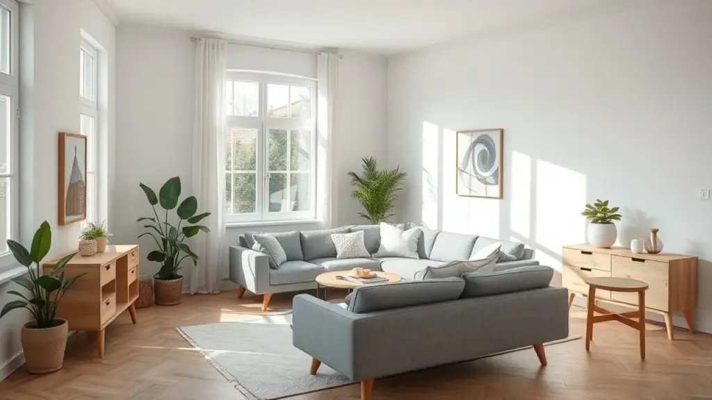 Sala de estar estilo escandinavo com sofá cinza, decoração minimalista e plantas.