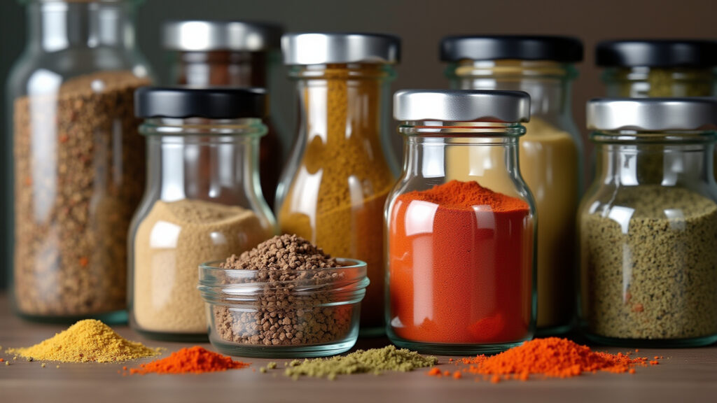 Variedade de potes para tempero: vidro, plástico e inox.