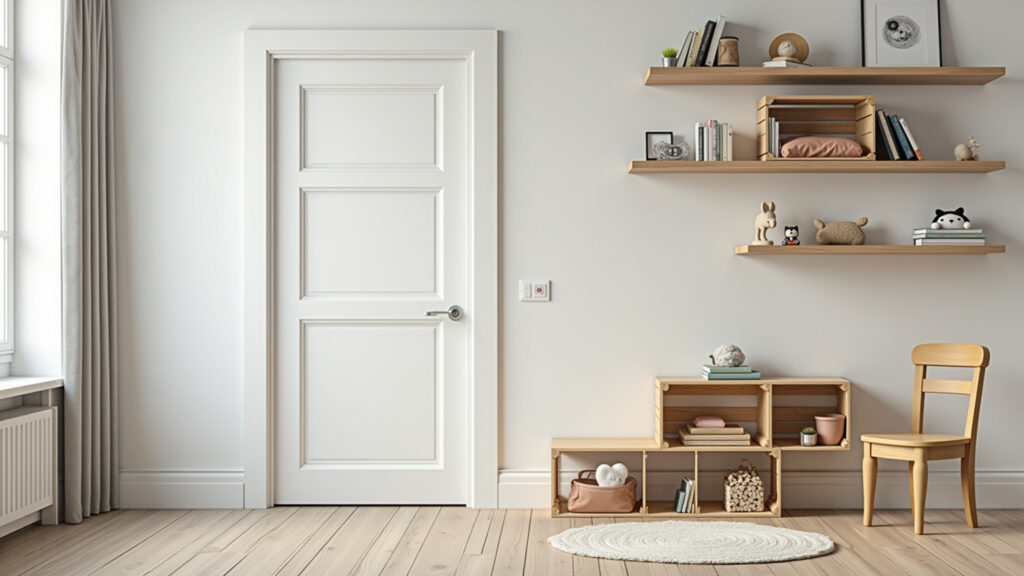 Quarto de menino simples com decoração minimalista e caixotes de madeira.