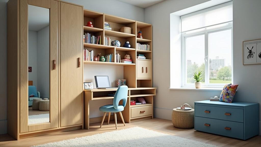 Quarto de menino pequeno com móveis multifuncionais e espelhos.