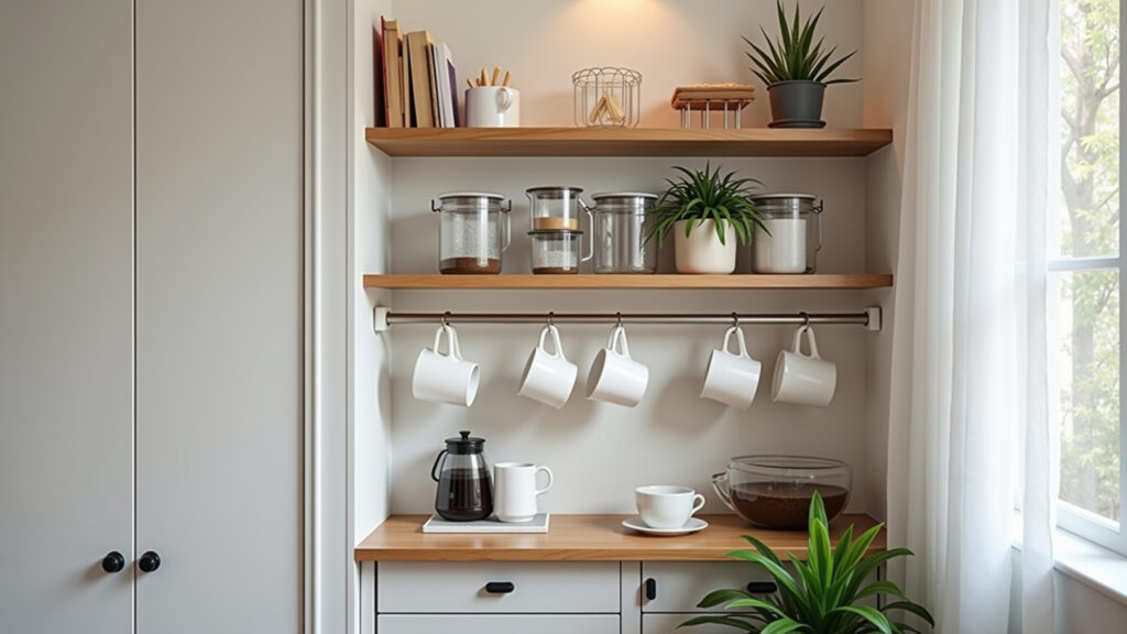 Small coffee corner organization, floating shelves, transparent containers, cups hanging, natural Cantinho do café pequeno organizado com prateleiras e potes transparentes.