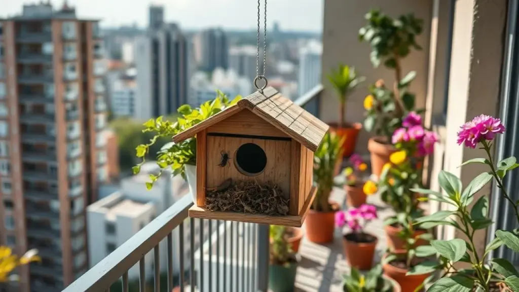 Hotel para insetos em varanda de apartamento no Brasil, com plantas e flores.