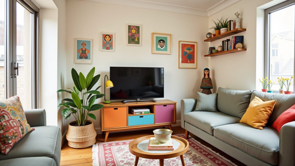 Rack colorido trazendo alegria para a sala pequena.