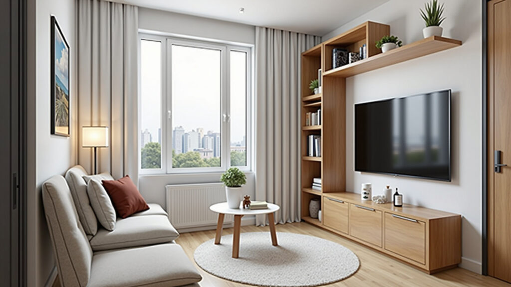 Rack de canto otimizando o espaço em sala pequena.