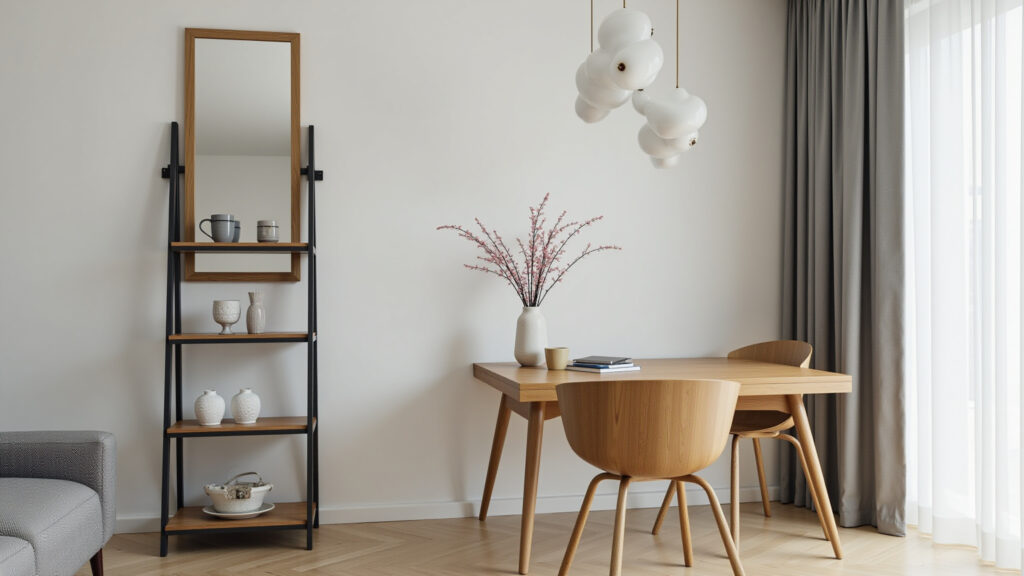 Rack com espelho em sala pequena ampliando o espaço.