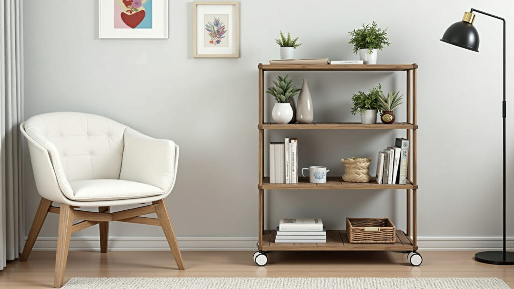 Rack com rodinhas para flexibilidade na sala pequena.