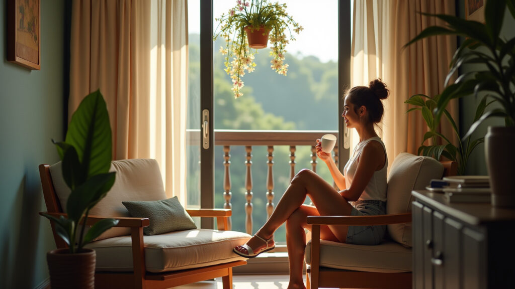 Sophisticated balcony, hanging orchids, soft light, Brazilian design, lifestyle photography, 8K Varanda sofisticada com orquídeas pendentes e delicadeza.
