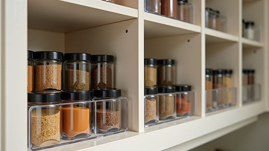 Armário organizado com potes de tempero em prateleiras aramadas.
