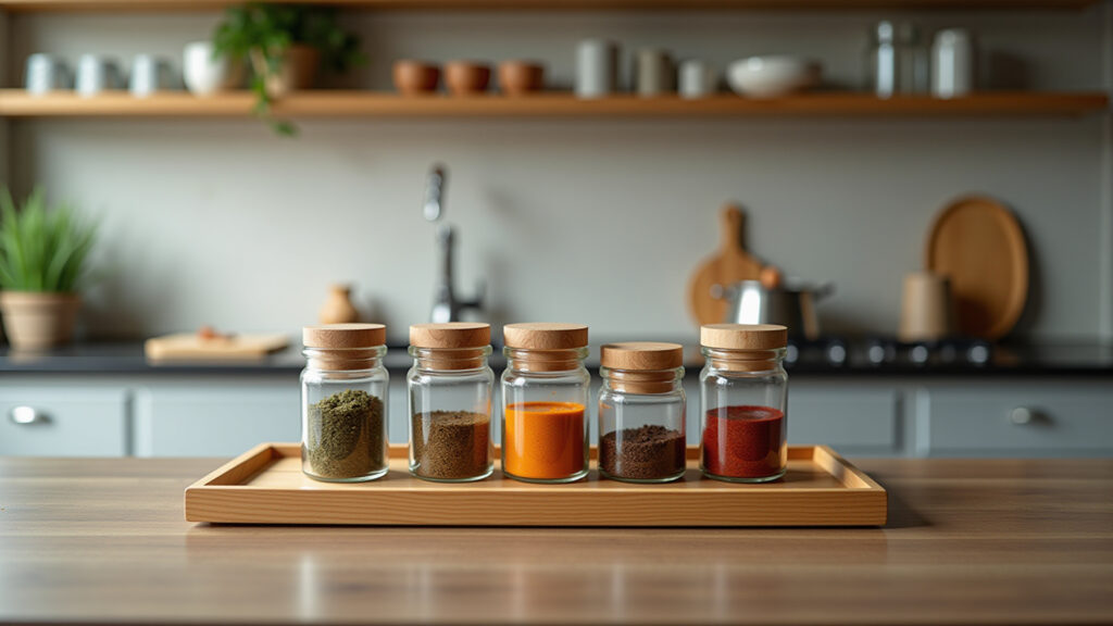 Potes de tempero organizados em suporte giratório na bancada.