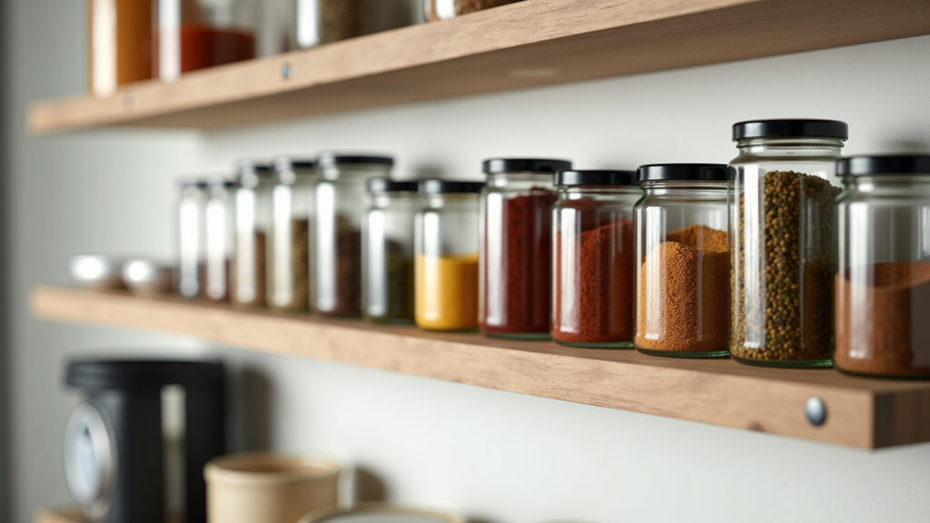 Prateleiras suspensas com potes de tempero na parede da cozinha.