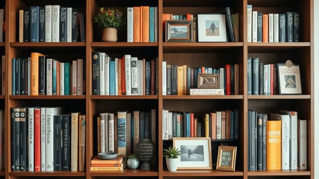 Estante organizada com livros, plantas e objetos decorativos.