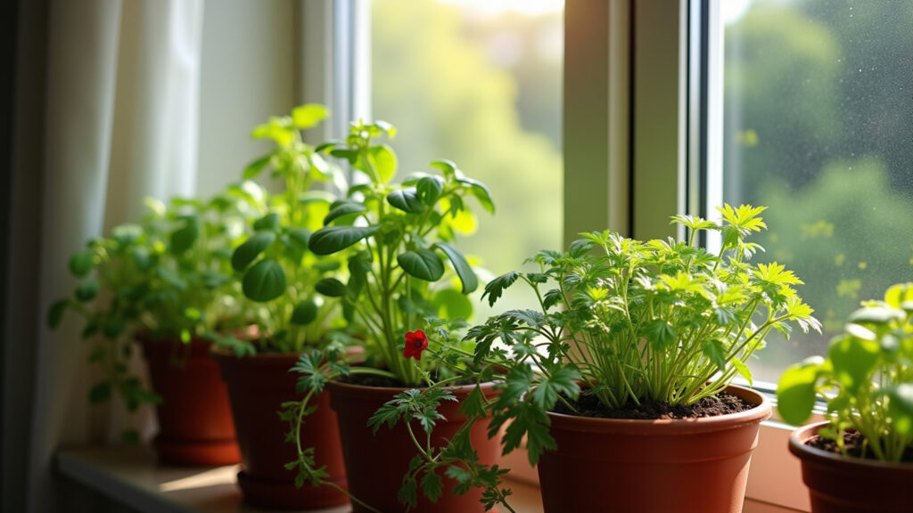 Sunny balcony with a thriving vertical herb garden, various herbs, natural light, 8K quality, sharp Jardim vertical de temperos em varanda ensolarada.