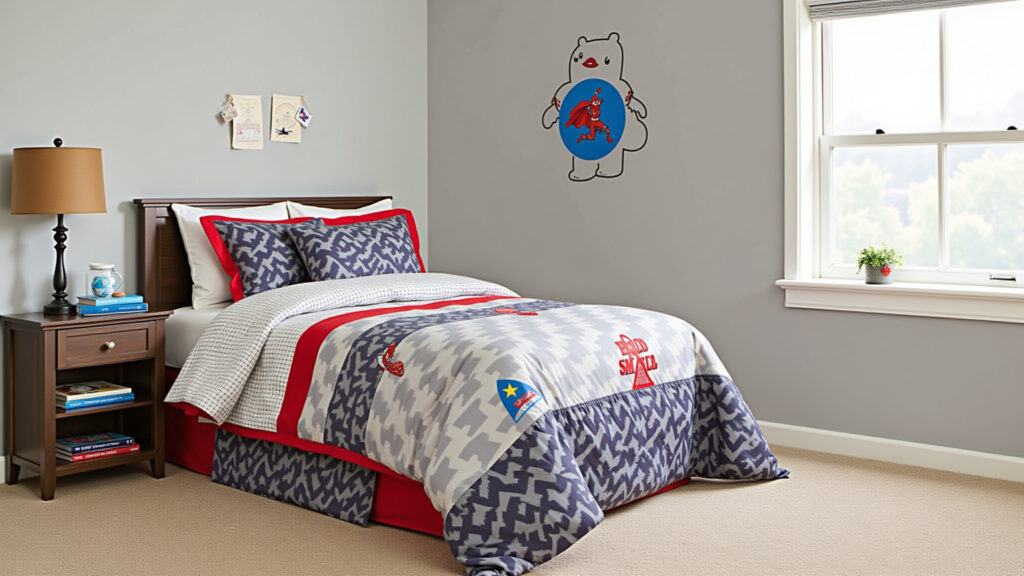 Quarto de menino temático de super-heróis com adesivos de parede.