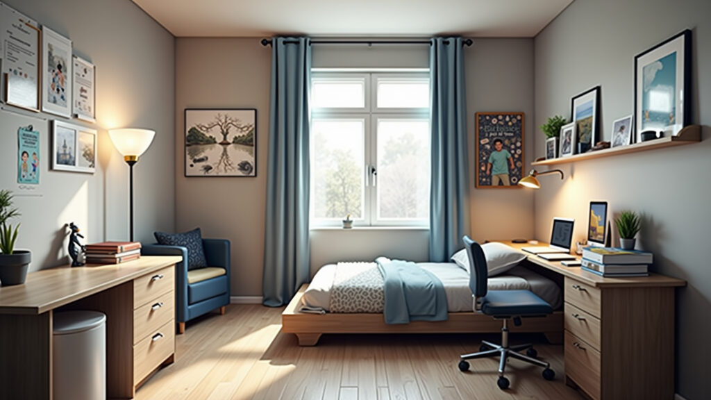 Quarto de menino adolescente com cores neutras e escrivaninha espaçosa.