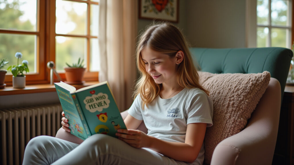 Teen girl's room, cozy reading corner, comfortable armchair, Brazilian books, natural light, 8K, Quarto de adolescente com canto de leitura aconchegante.