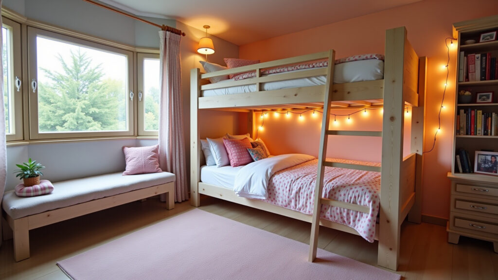 Teen girl's room with suspended bed, cozy reading nook underneath, fairy lights, Brazilian design Quarto de adolescente com cama suspensa e cantinho de leitura aconchegante.