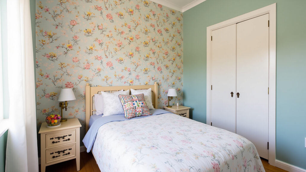 Teen room, floral wallpaper accent wall, pastel colors, Brazilian decor, natural lighting, 8K, Quarto de adolescente com papel de parede floral delicado.