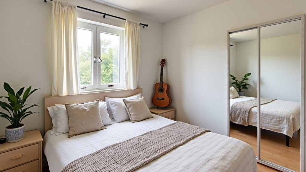 Teen room, full-length mirror, bright and airy, Brazilian design, natural light, 8K, professional Quarto de adolescente com espelho grande ampliando o espaço.