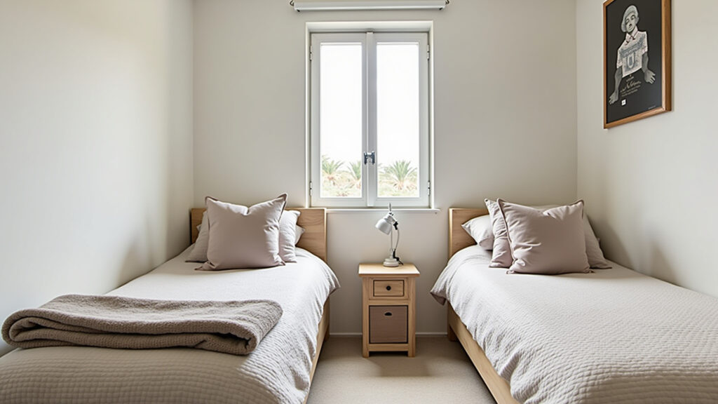 Teen room, neutral color palette, minimalist decor, Brazilian art, natural light, 8K, commercial Quarto de adolescente com paleta de cores neutras e elegante.