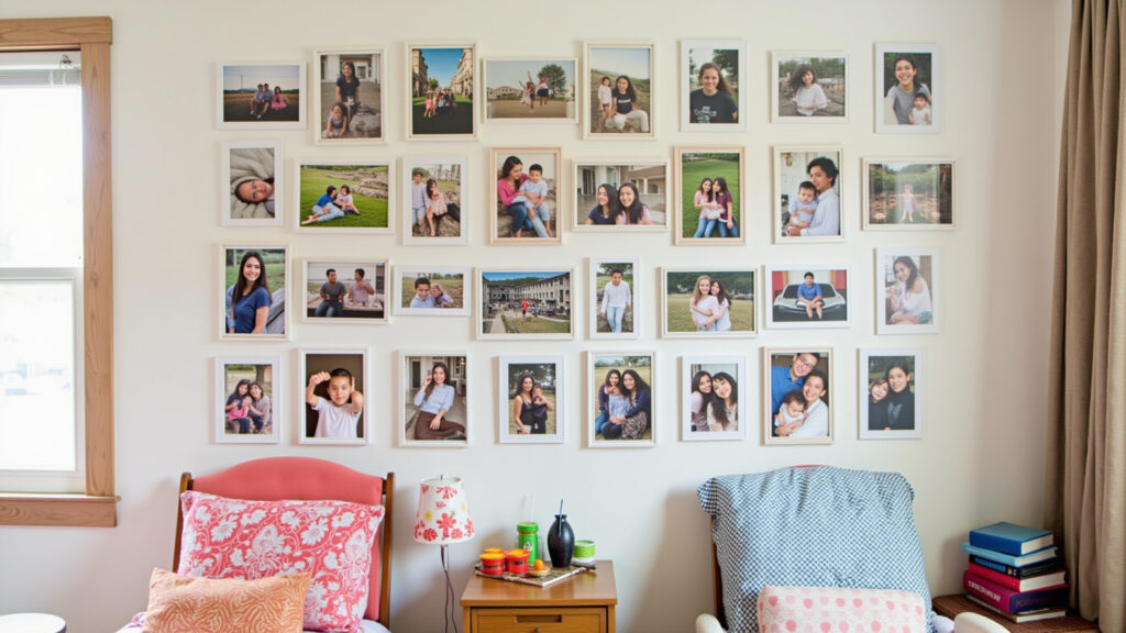 Teen room, photo collage wall, memories, personal items, Brazilian souvenirs, natural light, 8K, Quarto de adolescente com mural de fotos e lembranças.