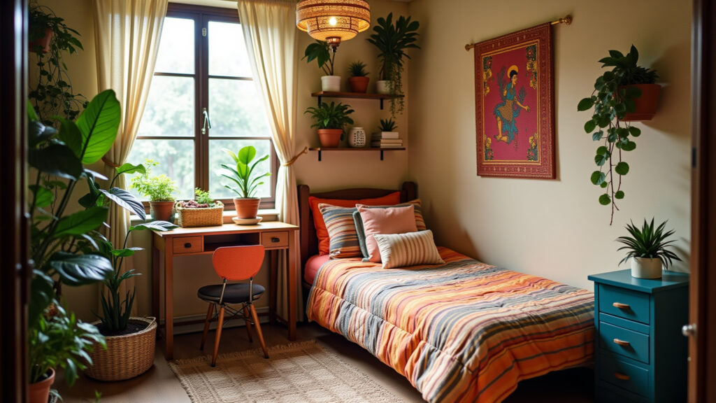 Teen room, plants, natural elements, vibrant colors, Brazilian textiles, natural light, 8K, Quarto de adolescente com plantas trazendo vida e alegria.